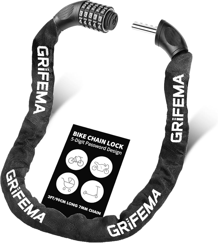 lucchetto-biciclette-807axk-1.jpg GRIFEMA GAK1201 9 Lucchetto antifurto per bicicletta, lucchetto a catena con combinazione a 5 cifre per biciclette, motociclette, scooter, 90 cm, nero : Amazon.it: Sport e tempo libero - immagine 1